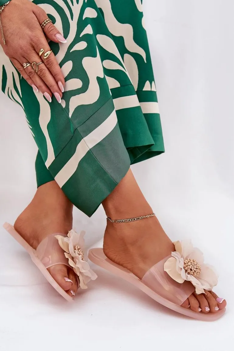 Transparentne Płaskie Klapki Damskie Ze Sztucznym Kwiatem Nude Vobetta