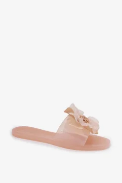 Transparentne Płaskie Klapki Damskie Ze Sztucznym Kwiatem Nude Vobetta