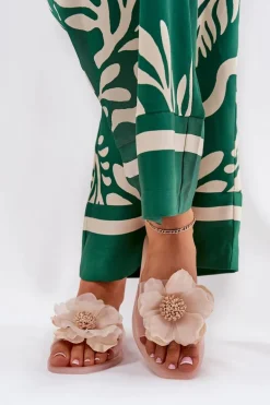 Transparentne Płaskie Klapki Damskie Ze Sztucznym Kwiatem Nude Vobetta