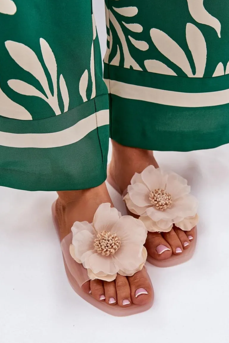 Transparentne Płaskie Klapki Damskie Ze Sztucznym Kwiatem Nude Vobetta