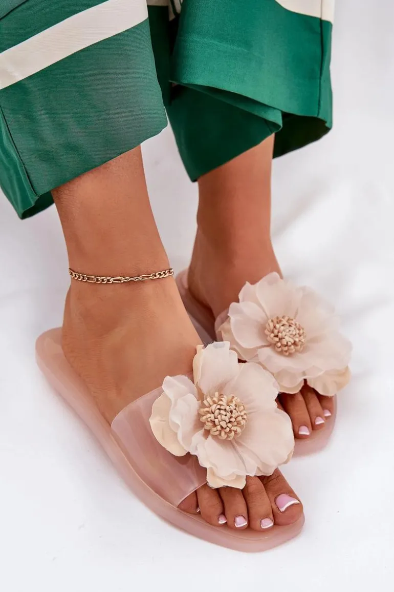 Transparentne Płaskie Klapki Damskie Ze Sztucznym Kwiatem Nude Vobetta