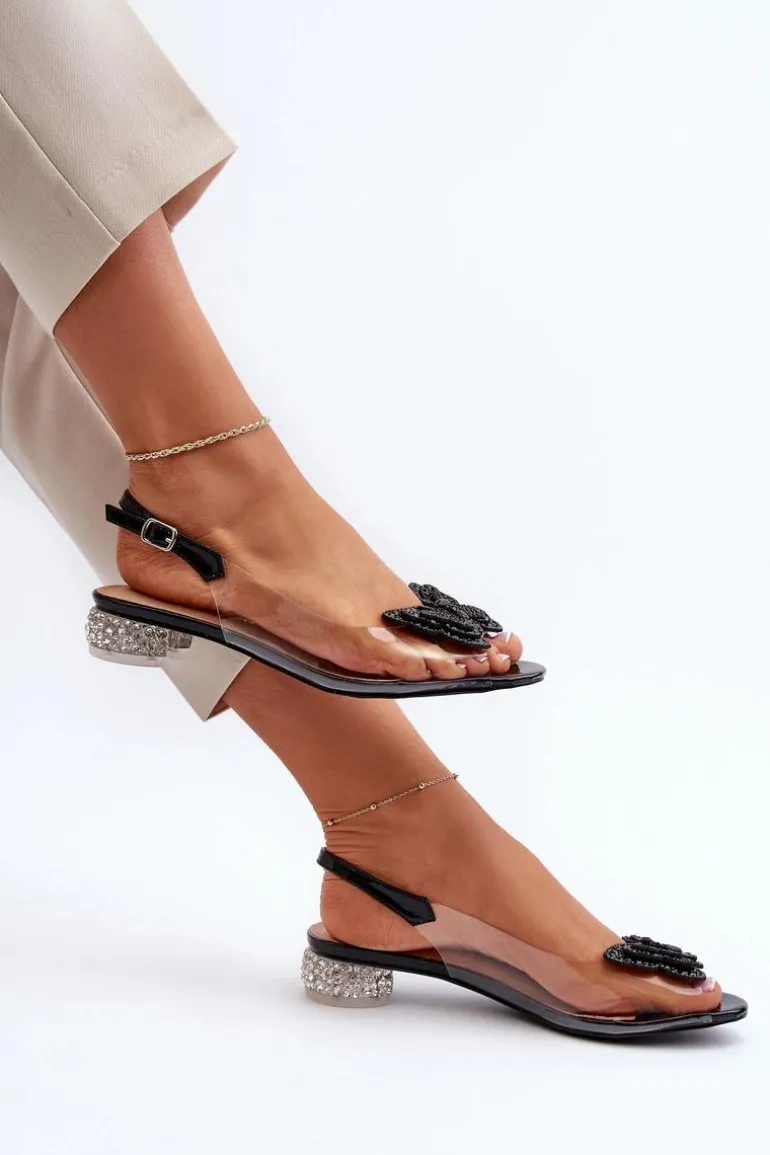 Transparentne Sandały Na Niskim Obcasie Z Motylem Czarne D&A MR38-388