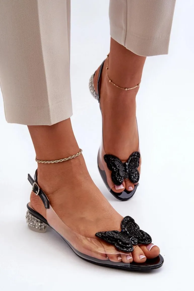 Transparentne Sandały Na Niskim Obcasie Z Motylem Czarne D&A MR38-388