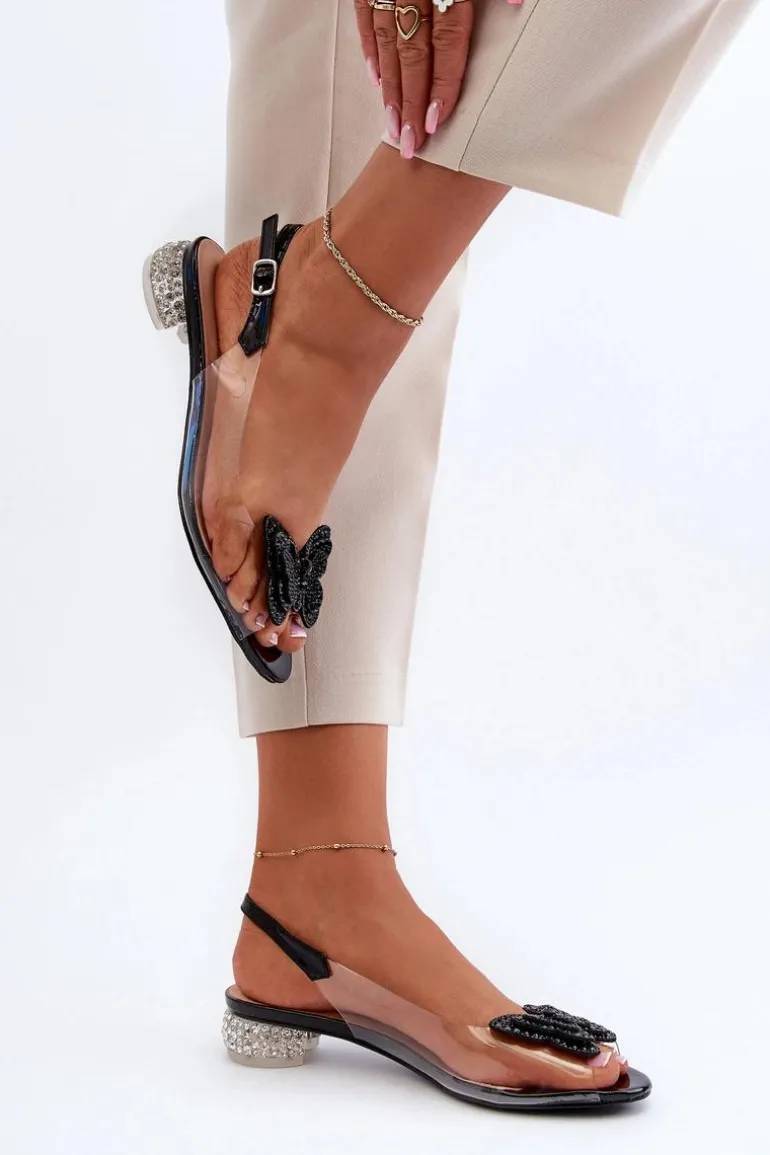 Transparentne Sandały Na Niskim Obcasie Z Motylem Czarne D&A MR38-388