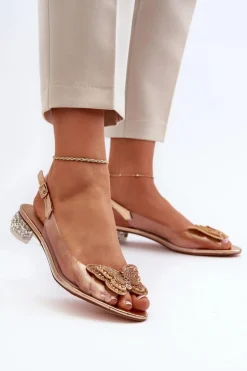 Transparentne Sandały Na Niskim Obcasie Z Motylem Złote D&A MR38-388