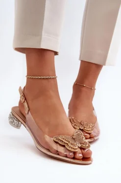 Transparentne Sandały Na Niskim Obcasie Z Motylem Złote D&A MR38-388