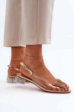 Transparentne Sandały Na Niskim Obcasie Z Motylem Złote D&A MR38-388