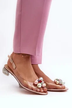 Transparentne Sandały Na Niskim Obcasie Z Ozdobą Różowe Złoto D&A MR38-368