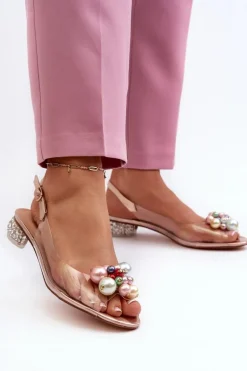 Transparentne Sandały Na Niskim Obcasie Z Ozdobą Różowe Złoto D&A MR38-368