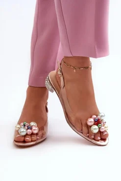 Transparentne Sandały Na Niskim Obcasie Z Ozdobą Różowe Złoto D&A MR38-368