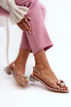 Transparentne Sandały Na Niskim Obcasie Z Ozdobą Różowe Złoto D&A MR38-368