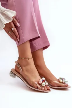 Transparentne Sandały Na Niskim Obcasie Z Ozdobą Różowe Złoto D&A MR38-368