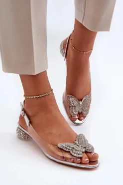 Transparentne Sandały Na Niskim Obcasie Z Motylem Różowe Srebrne D&A MR38-388