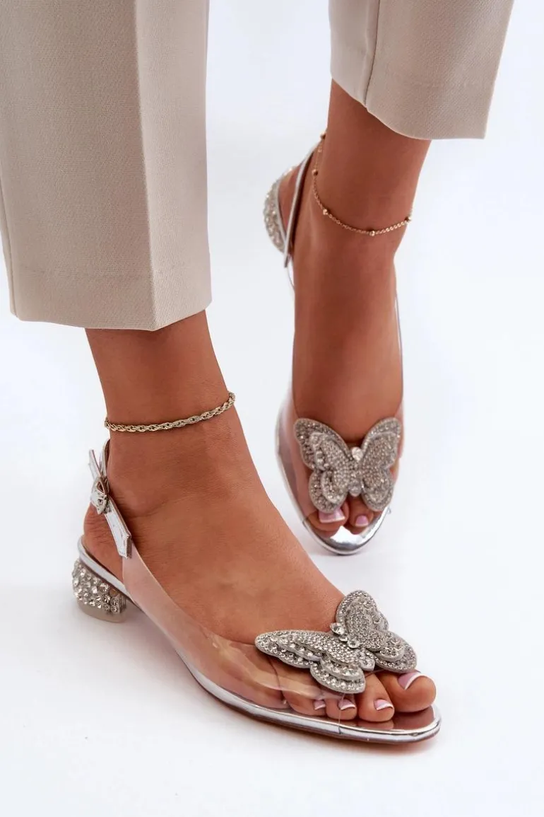 Transparentne Sandały Na Niskim Obcasie Z Motylem Różowe Srebrne D&A MR38-388