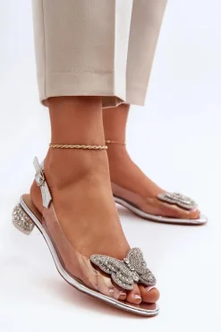 Transparentne Sandały Na Niskim Obcasie Z Motylem Różowe Srebrne D&A MR38-388