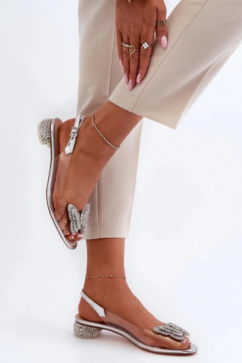 Transparentne Sandały Na Niskim Obcasie Z Motylem Różowe Srebrne D&A MR38-388