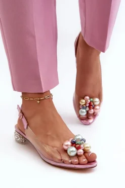 Transparentne Sandały Na Niskim Obcasie Z Ozdobą Różowe D&A MR38-368