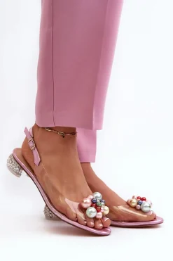 Transparentne Sandały Na Niskim Obcasie Z Ozdobą Różowe D&A MR38-368
