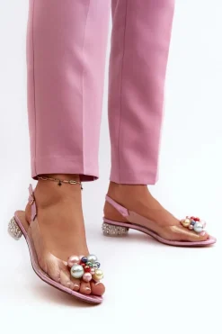 Transparentne Sandały Na Niskim Obcasie Z Ozdobą Różowe D&A MR38-368