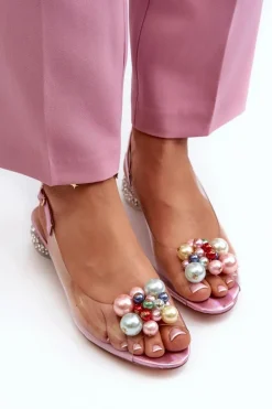 Transparentne Sandały Na Niskim Obcasie Z Ozdobą Różowe D&A MR38-368