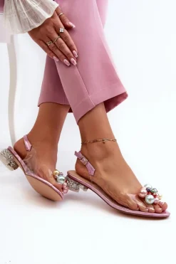 Transparentne Sandały Na Niskim Obcasie Z Ozdobą Różowe D&A MR38-368