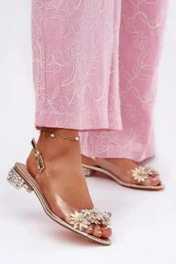 Transparentne Sandały Na Niskim Obcasie Ze Zdobieniem D&A MR51-709 Złote