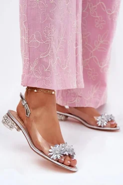 Transparentne Sandały Na Niskim Obcasie Ze Zdobieniem D&A MR51-709 Srebrne