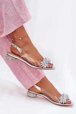 Transparentne Sandały Na Niskim Obcasie Ze Zdobieniem D&A MR51-709 Srebrne