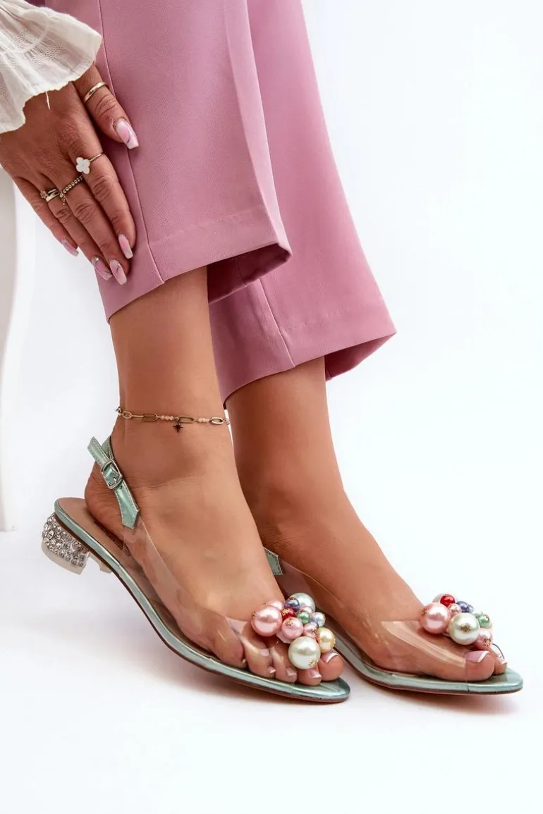 Transparentne Sandały Na Niskim Obcasie Z Ozdobą Zielone D&A MR38-368