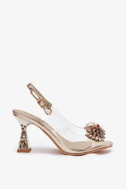Transparentne Sandały Na Obcasie Z Kryształkami Vinceza 70116 Złote