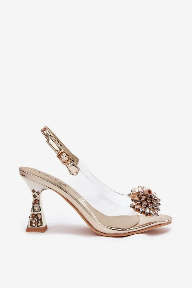 Transparentne Sandały Na Obcasie Z Kryształkami Vinceza 70116 Złote