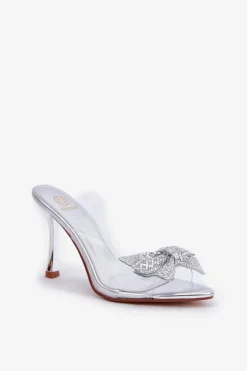 Transparentne Sandały Na Szpilce Z Błyszczącą Kokardą Srebrne Viosta