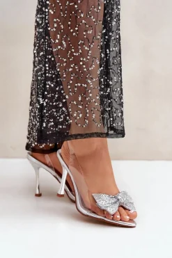 Transparentne Sandały Na Szpilce Z Błyszczącą Kokardą Srebrne Viosta