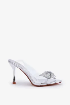 Transparentne Sandały Na Szpilce Z Błyszczącą Kokardą Srebrne Viosta
