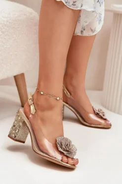 Transparentne Sandały Na Słupku Z Kryształkami I Ozdobą D&A MR51-702 Złote