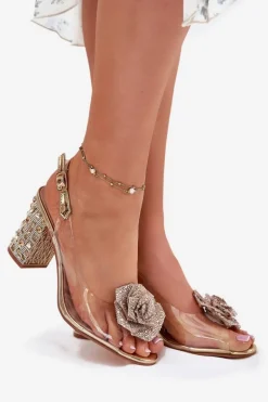 Transparentne Sandały Na Słupku Z Kryształkami I Ozdobą D&A MR51-702 Złote