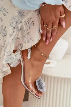 Transparentne Sandały Na Słupku Z Kryształkami I Ozdobą D&A MR51-702 Srebrne