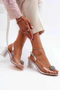 Transparentne Sandały Na Słupku z Ozdobą Srebrne D&A MR38-454