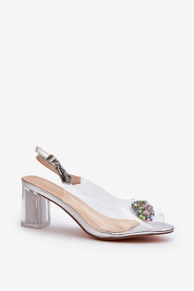 Transparentne Sandały Na Słupku z Ozdobą Srebrne D&A MR38-454
