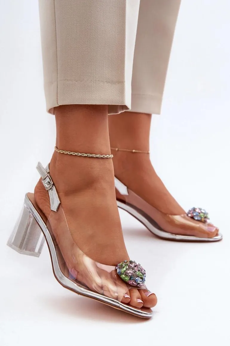 Transparentne Sandały Na Słupku z Ozdobą Srebrne D&A MR38-454