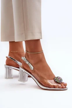 Transparentne Sandały Na Słupku z Ozdobą Srebrne D&A MR38-454