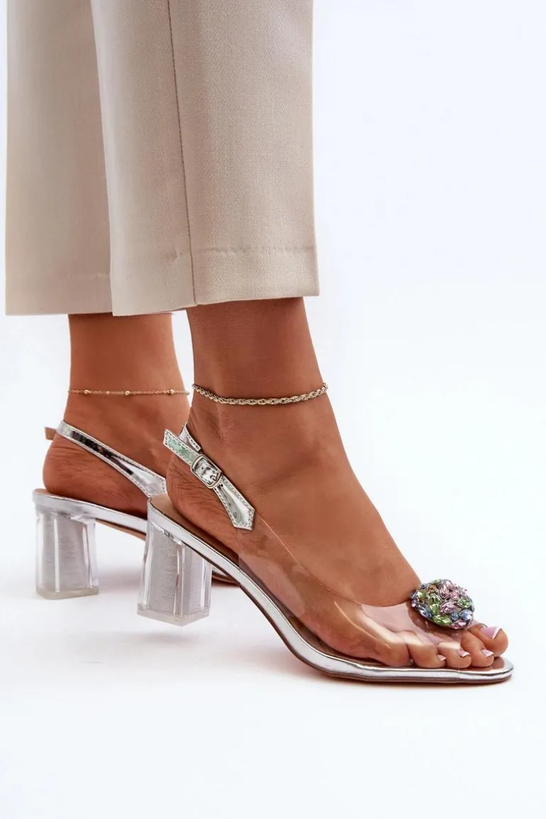 Transparentne Sandały Na Słupku z Ozdobą Srebrne D&A MR38-454