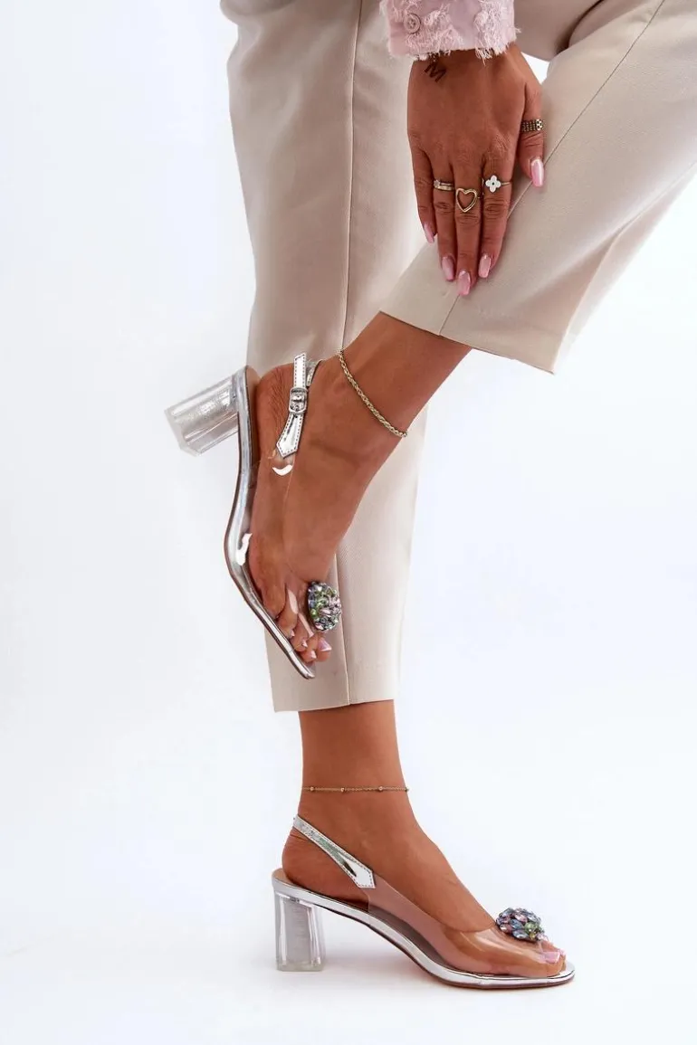 Transparentne Sandały Na Słupku z Ozdobą Srebrne D&A MR38-454