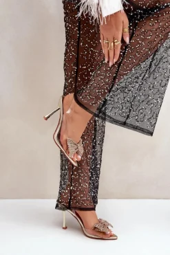 Transparentne Sandały Na Szpilce Z Błyszczącą Kokardą Złote Viosta