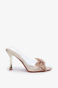 Transparentne Sandały Na Szpilce Z Błyszczącą Kokardą Złote Viosta