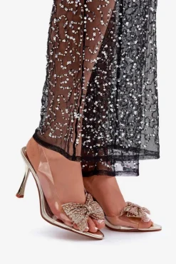 Transparentne Sandały Na Szpilce Z Błyszczącą Kokardą Złote Viosta