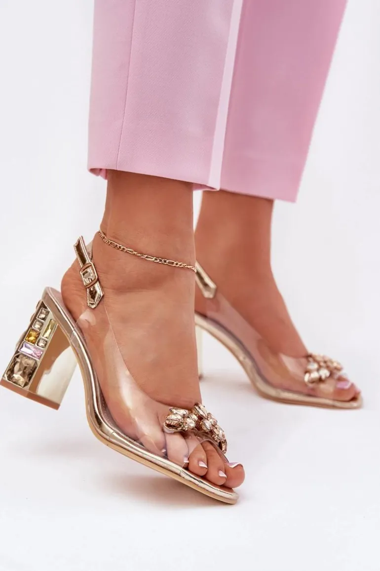 Transparentne Sandały Na Słupku Z Kryształkami Vinceza 70110 Złote