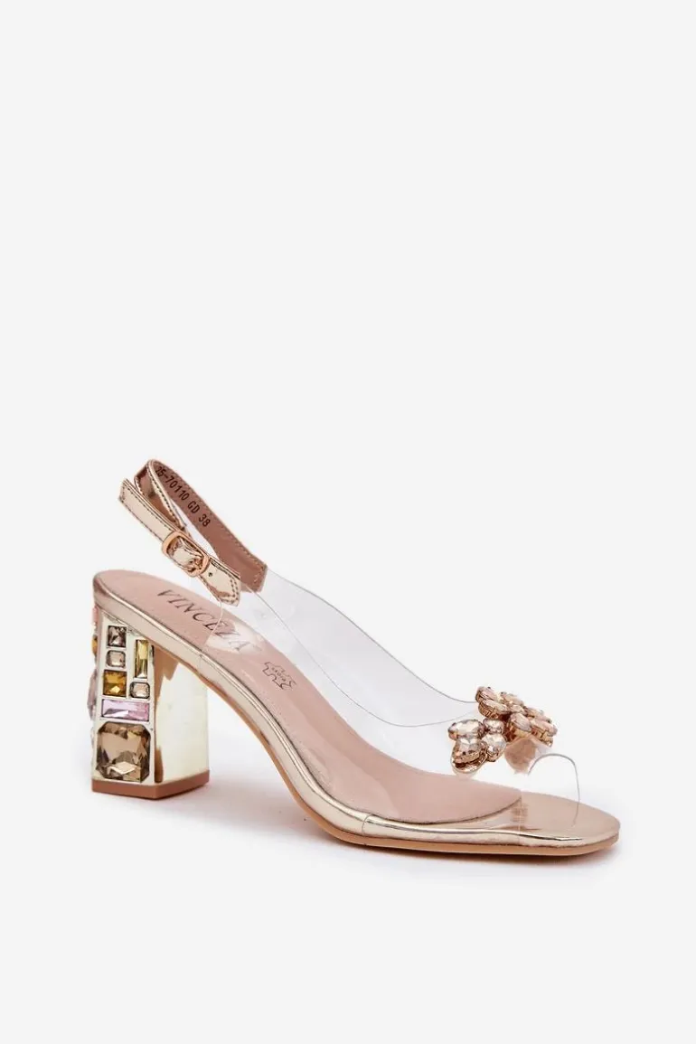 Transparentne Sandały Na Słupku Z Kryształkami Vinceza 70110 Złote