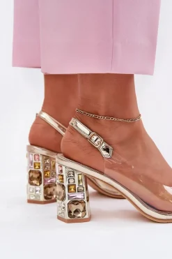 Transparentne Sandały Na Słupku Z Kryształkami Vinceza 70110 Złote