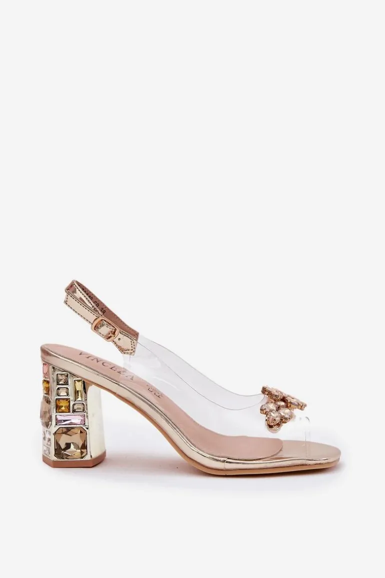 Transparentne Sandały Na Słupku Z Kryształkami Vinceza 70110 Złote